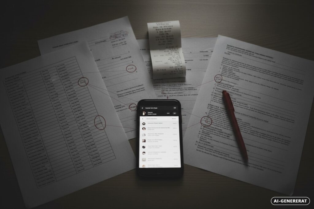 AI-genererad: En smartphone placerad på ett bord omgiven av dokument, kvitton och en röd penna.