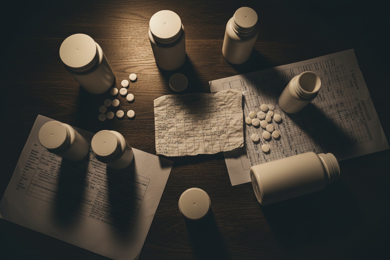 Vita pillerburkar och medicinskt schema utspridda på ett mörkt träbord.
